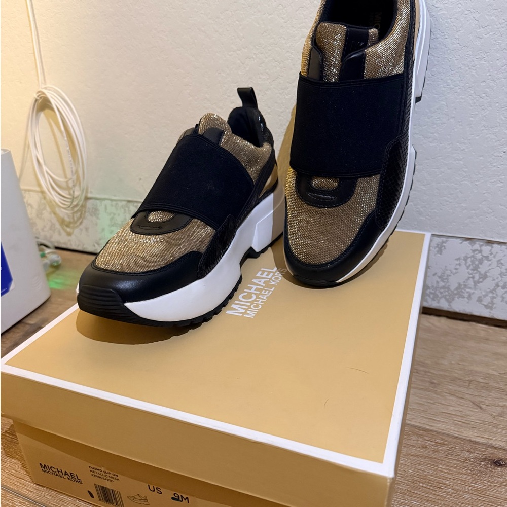 Michael Kors Black and Gold Elastic Strap Slip-On Sneakers Size 9
